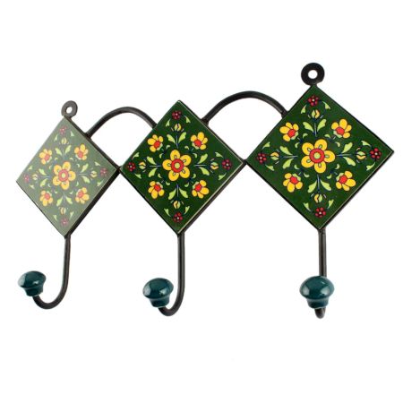 Ceramic Floral Tile Hook in Forest Green